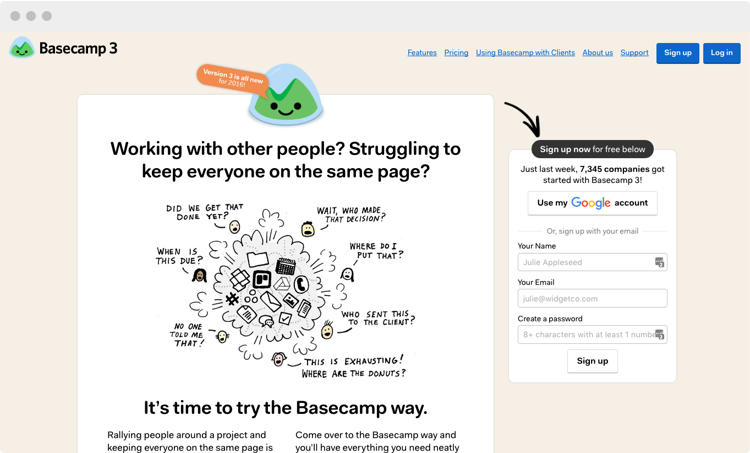 Basecamp homepage