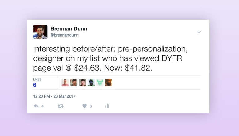 Tweet, customers are worth $41.82 after personalization.